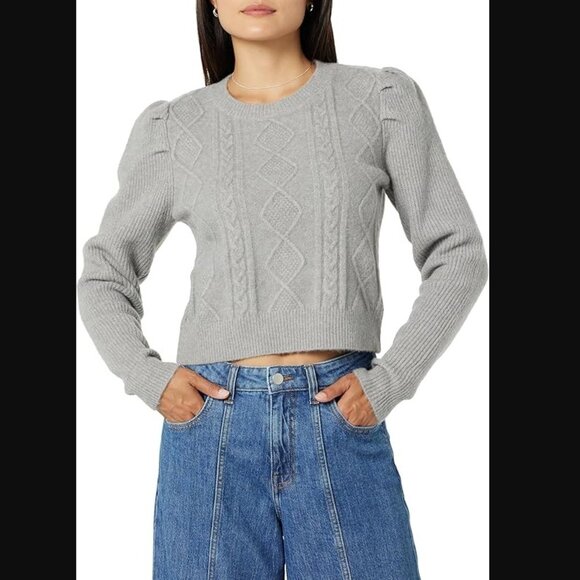 NWT THE DROP SZ M Women's Gloria Puff Sleeve Cable-Knit Sweater in Gull Gray - Picture 1 of 11